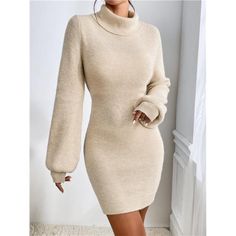 Introducing The Light Beige Sweater Dress, Designed With Elegance In Mind. This Dress Features A High Neckline And Long Bishop Sleeves, Creating A Sophisticated Look. The Natural Waistline And Pencil-Shaped Hem Enhance Its Flattering Short Silhouette. Crafted From Fabric With Slight Stretch, It Offers A Regular Fit That Ensures Both Comfort And Flexibility. Non-Sheer And Stylishly Tailored, This Dress Is Perfect For Adding A Touch Of Refined Chic To Your Wardrobe. Note: Belt Not Included. Beige Mini Sweater Dress, Cream Winter Dress, Beige Turtle Neck Outfit, Realtor Clothes, Realtor Outfits, Hollow Aesthetic, Beige Sweater Dress, Lantern Sleeve Sweater, Pixie Hollow