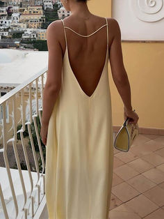 Backless Vacation Long Dress - AnotherChill Beach Inspired Dress, Wedding Vacation Outfit, Backless Wedding Guest Dress, Vacation Night Outfits, Cool Beach Outfits, Backless Dress Long, Boat Day Outfit, Beige Long Dresses, Backless Beach Dress