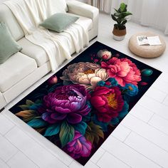 a living room area rug with flowers on it