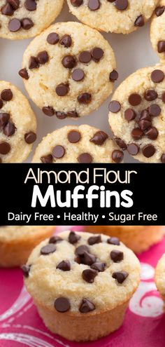 chocolate chip muffins with text overlay that reads, almond flour muffins dairy free - healthy sugar free