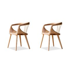 two wooden chairs sitting next to each other