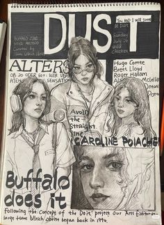 this is a drawing of some people on the front cover of dust magazine, which features portraits of young women