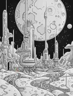 a black and white drawing of an alien city