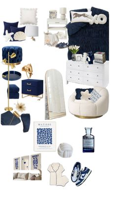 a collage of blue and white items including pillows, blankets, lamps, rugs