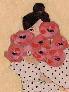 a painting of a woman with pink flowers in her hair and polka dots holding donuts