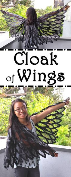 a woman is standing with her arms spread out in front of the camera and wearing an angel wings costume