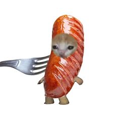 an animal with a fork in it's mouth and wrapped in bacon on its back