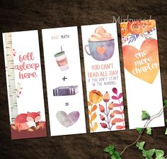 three bookmarks with watercolor illustrations on them and the words, you can't read all day