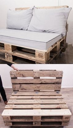 a bed made out of wooden pallets with pillows on top and the bottom one being used as a couch