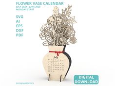 a wooden calendar with flowers in a vase