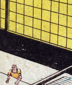 a drawing of a person sitting on a bench in front of a tiled wall and window