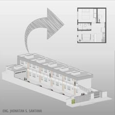 an architectural drawing of a building with a spiral staircase going up to the second floor