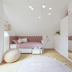 there is a pink bed in the corner of this room with white walls and wooden flooring