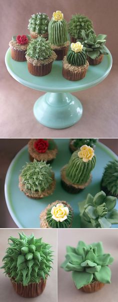 cupcakes made to look like succulent plants on a cake platter