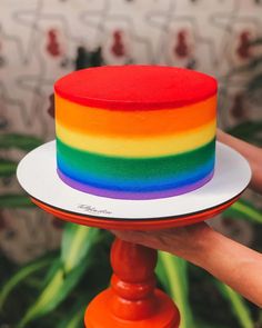 a rainbow colored cake sitting on top of a red stand next to a potted plant