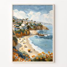 a painting of a beach with houses on the shore and orange flowers in the foreground