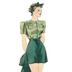 a drawing of a woman wearing a green dress and matching hat with her hair in a bun