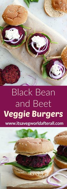 black bean and beet veggie burgers with red onion