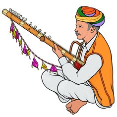 a man sitting on the ground playing a musical instrument with strings hanging from it's sides