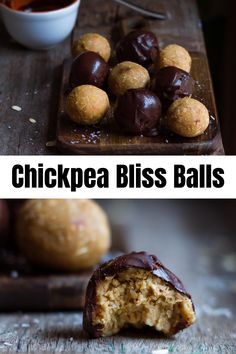 chickpea protein bliss balls on a cutting board with chocolate in the middle and peanut butter in the middle