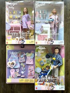 three barbie dolls are shown in their boxes with the same clothes and accessories on display