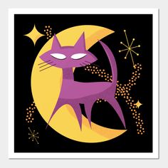 a purple cat sitting on the moon with stars in the night sky behind it's back