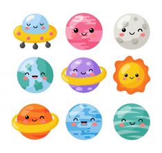 cute cartoon planets with different faces