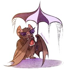 a drawing of a bat with sunglasses on it's head and wings, sitting under an umbrella