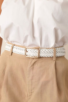 Elevate your style with our Let's Get Going White Braided Belt. This versatile accessory adds a touch of sophistication to any outfit. The braided design provides both durability and comfort, making it the perfect choice for any fashion-forward individual on the go. Upgrade your wardrobe today with this must-have piece. This braided white belt features a gold hardware rectangular buckle and a white braided material. Teacher Wedding, Preppy Girls, Going Out Looks, Corporate Chic, Rush Dresses, Concert Looks, Cardigan Crop, Braided Belt, Dress Bra