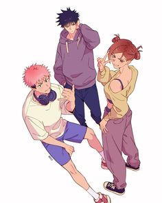 three anime characters with pink hair and blue pants, one is holding his head while the other