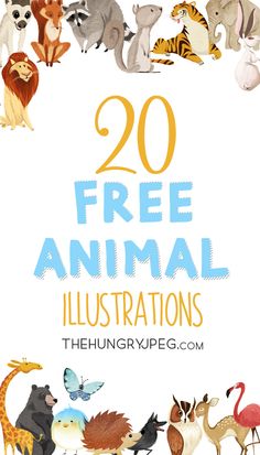 an image of animals with the words 20 free animal illustrations on it's bottom