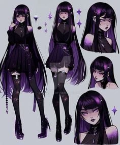 an anime character with purple hair and black clothes