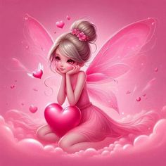 a little fairy sitting on top of a cloud with a heart in her hand and pink background