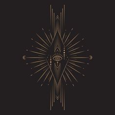 an all seeing eye in the middle of a black and gold background with rays coming out