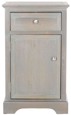 a white wooden cabinet with two drawers and one door on the bottom, against a white background