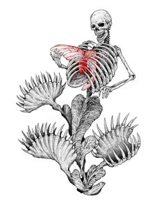 a skeleton sitting on top of a plant with red flowers in its body and wings