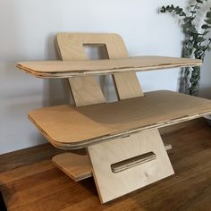 a wooden desk with two shelves on top of it and a plant in the background