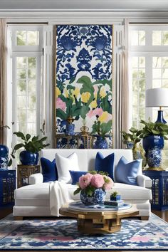 a living room with blue and white decor on the walls, couches, coffee table and vases