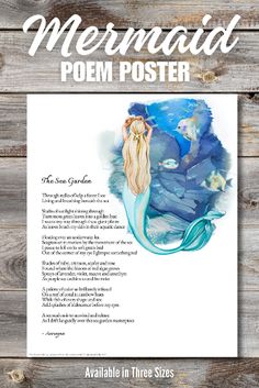 the mermaid poem poster is displayed on a wooden background with text that reads, ` person '