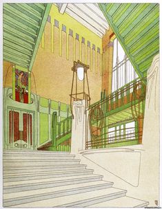 an artistic drawing of stairs leading up to a building with green walls and railings