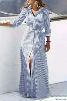 OrcaJump - Striped Print Shirt Dress with Buckle Detail and Belt, Featuring Turndown Collar - Casual and Chic Print Shirt Dress, Collared Shirt Dress, Dress Sleeve Styles, Printed Shirt Dress, Turndown Collar, Linen Style, Print Shirt, Stripe Print, Three Quarter