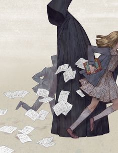 a drawing of a woman in a long black dress with papers flying from her back