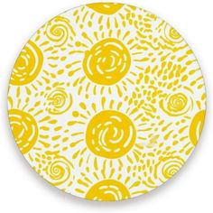 a yellow and white plate with sunflowers on the front, surrounded by swirly circles