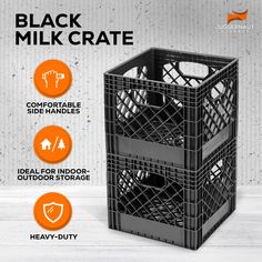 the black milk crate is shown with instructions on how to put it in and out