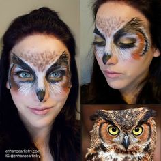 Eulengesicht Hair Fall Mask, Owl Face Paint, Owl Makeup, Peacock Makeup, Animal Face Paintings, Owl Halloween, Animal Makeup, Theatre Makeup, Anime Makeup