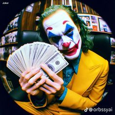 a man dressed as the joker holding money