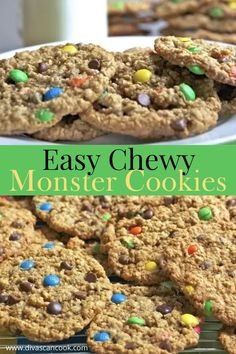 easy chewy monster cookies on a white plate