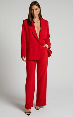 Bonnie Pants - High Waisted Tailored Wide Leg Pants in Red | Showpo USA Red Pant Suit Outfit, Red Oversized Blazer Outfit, Red Business Outfit, Full Red Outfit, Red Suits For Women, Outfits Rojos, Garden Party Formal, Red High Waisted Pants, Making Pants