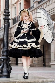 Black Chapter Seventh Night Short Sleeves Multi-layer Ruffle Bowknot – LolitaInside Gothic Lolita, Manche, Moi Meme Moitie, Puff Sleeves Dress, Beige Square, Op Dress, Ribbon Dress, Uniform Fashion, Lolita Dress