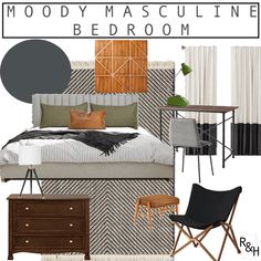 a bedroom with black and white decor, wood accents, and gray bed linens